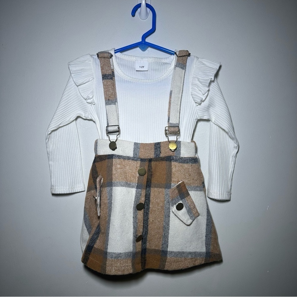 Toddler Plaid Suspender Skirt with White Ribbed One Piece comes with Bow